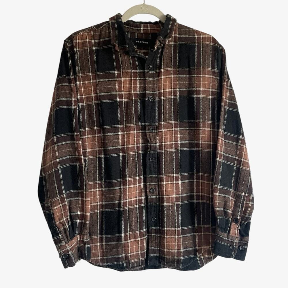 PacSun Mens Brown & Black Plaid Long Sleeve Button Down Shirt